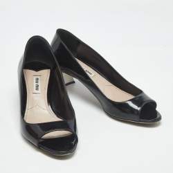 Pre Owned Miu Miu Black Patent Leather Crystal Embellished Peep Toe Pumps Size 36.5
