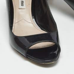 Pre Owned Miu Miu Black Patent Leather Crystal Embellished Peep Toe Pumps Size 36.5