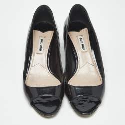 Pre Owned Miu Miu Black Patent Leather Crystal Embellished Peep Toe Pumps Size 36.5