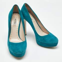 Pre Owned Miu Miu  Turquoise Blue  Suede Rounded Toe Platform Pumps Size 38