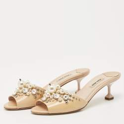 Pre Owned Miu Miu Beige Patent Leather Faux Pearl Embellished Slide Sandals Size 37