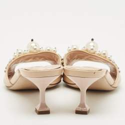 Pre Owned Miu Miu Beige Patent Leather Faux Pearl Embellished Slide Sandals Size 37
