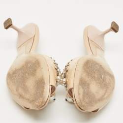 Pre Owned Miu Miu Beige Patent Leather Faux Pearl Embellished Slide Sandals Size 37