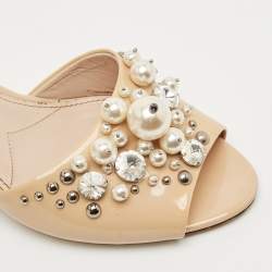 Pre Owned Miu Miu Beige Patent Leather Faux Pearl Embellished Slide Sandals Size 37