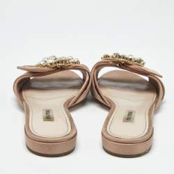 Pre Owned Miu Miu Beige Satin Knot Crystal Embellished Flat Slide Sandals Size 40