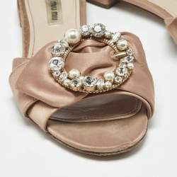 Pre Owned Miu Miu Beige Satin Knot Crystal Embellished Flat Slide Sandals Size 40