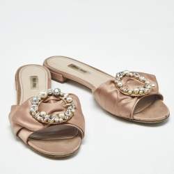 Pre Owned Miu Miu Beige Satin Knot Crystal Embellished Flat Slide Sandals Size 40