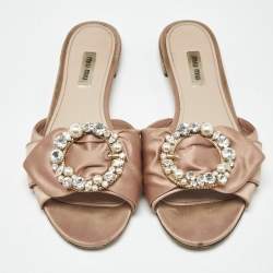 Pre Owned Miu Miu Beige Satin Knot Crystal Embellished Flat Slide Sandals Size 40