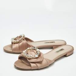 Pre Owned Miu Miu Beige Satin Knot Crystal Embellished Flat Slide Sandals Size 40