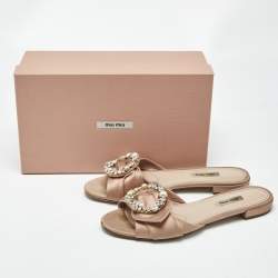 Pre Owned Miu Miu Beige Satin Knot Crystal Embellished Flat Slide Sandals Size 40