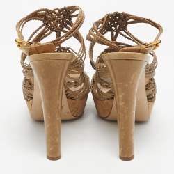 Pre Owned Miu Miu Woven Leather Ankle Strap Cork Platform Sandals Size 42