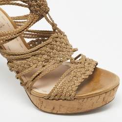 Pre Owned Miu Miu Woven Leather Ankle Strap Cork Platform Sandals Size 42