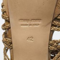 Pre Owned Miu Miu Woven Leather Ankle Strap Cork Platform Sandals Size 42