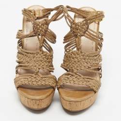 Pre Owned Miu Miu Woven Leather Ankle Strap Cork Platform Sandals Size 42