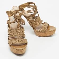 Pre Owned Miu Miu Woven Leather Ankle Strap Cork Platform Sandals Size 42
