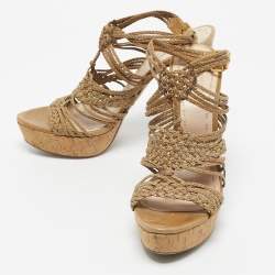 Pre Owned Miu Miu Woven Leather Ankle Strap Cork Platform Sandals Size 42