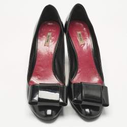 Pre Owned Miu Miu Black Patent Leather Bow Peep Toe Pumps Size 37.5