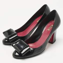 Pre Owned Miu Miu Black Patent Leather Bow Peep Toe Pumps Size 37.5