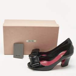 Pre Owned Miu Miu Black Patent Leather Bow Peep Toe Pumps Size 37.5