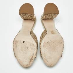 Pre Owned Miu Miu Gold Glitter and Leather Slide Block Heel Sandals Size 38