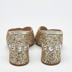 Pre Owned Miu Miu Gold Glitter and Leather Slide Block Heel Sandals Size 38
