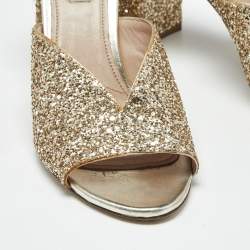 Pre Owned Miu Miu Gold Glitter and Leather Slide Block Heel Sandals Size 38