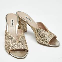 Pre Owned Miu Miu Gold Glitter and Leather Slide Block Heel Sandals Size 38