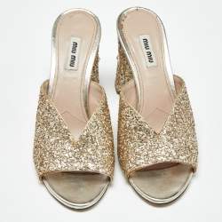 Pre Owned Miu Miu Gold Glitter and Leather Slide Block Heel Sandals Size 38