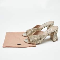 Pre Owned Miu Miu Gold Glitter and Leather Slide Block Heel Sandals Size 38