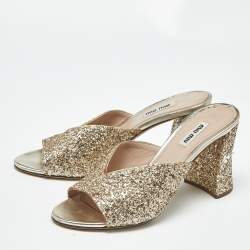 Pre Owned Miu Miu Gold Glitter and Leather Slide Block Heel Sandals Size 38