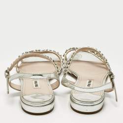 Pre Owned Miu Miu Silver Patent Leather Crystals Embellished Flat Sandals Size 38.5