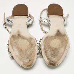 Pre Owned Miu Miu Silver Patent Leather Crystals Embellished Flat Sandals Size 38.5