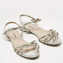 Pre Owned Miu Miu Silver Patent Leather Crystals Embellished Flat Sandals Size 38.5