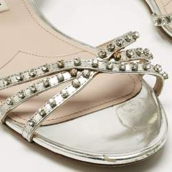 Pre Owned Miu Miu Silver Patent Leather Crystals Embellished Flat Sandals Size 38.5