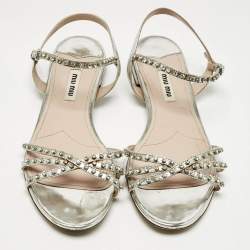 Pre Owned Miu Miu Silver Patent Leather Crystals Embellished Flat Sandals Size 38.5