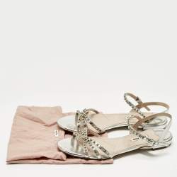 Pre Owned Miu Miu Silver Patent Leather Crystals Embellished Flat Sandals Size 38.5