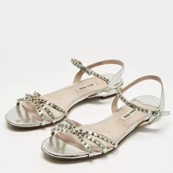 Pre Owned Miu Miu Silver Patent Leather Crystals Embellished Flat Sandals Size 38.5