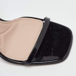 Pre Owned Miu Miu Black Patent Leather and Glitter Block Heel Ankle Wrap Sandals Size 38.5