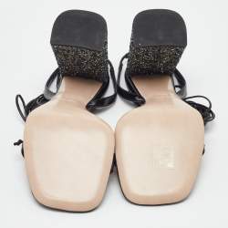 Pre Owned Miu Miu Black Patent Leather and Glitter Block Heel Ankle Wrap Sandals Size 38.5