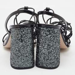 Pre Owned Miu Miu Black Patent Leather and Glitter Block Heel Ankle Wrap Sandals Size 38.5