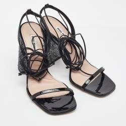 Pre Owned Miu Miu Black Patent Leather and Glitter Block Heel Ankle Wrap Sandals Size 38.5