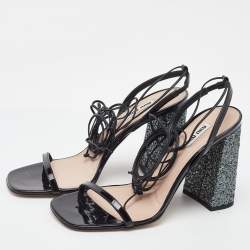 Pre Owned Miu Miu Black Patent Leather and Glitter Block Heel Ankle Wrap Sandals Size 38.5