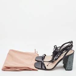 Pre Owned Miu Miu Black Patent Leather and Glitter Block Heel Ankle Wrap Sandals Size 38.5