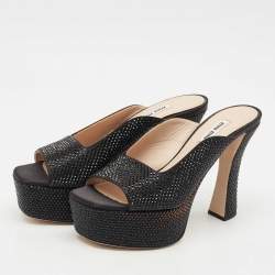 Pre Owned Miu Miu Black Satin Crystals Platform Sandals Size 38