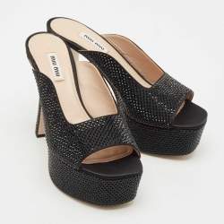 Pre Owned Miu Miu Black Satin Crystals Platform Sandals Size 38