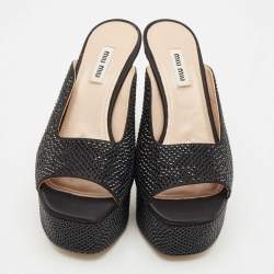 Pre Owned Miu Miu Black Satin Crystals Platform Sandals Size 38