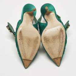 Pre Owned Miu Miu Green Satin Crystal Embellished Donna Slingback Pumps Size 37