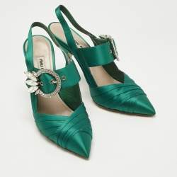 Pre Owned Miu Miu Green Satin Crystal Embellished Donna Slingback Pumps Size 37