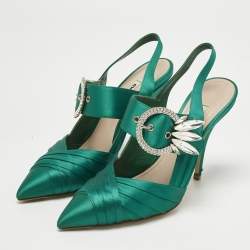 Pre Owned Miu Miu Green Satin Crystal Embellished Donna Slingback Pumps Size 37