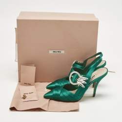 Pre Owned Miu Miu Green Satin Crystal Embellished Donna Slingback Pumps Size 37